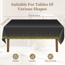 AMFUN 4Pcs Black Gold Dot Rectangular Plastic Table Cover (137cm x 274cm),Wipeable Water Resistant Tablecloth for Baby Shower, Events,Wedding,Birthday,Christmas, Party, Home Table Decorations