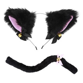 Cat Ears and Tail Set Easter Furry Cat Ears Headband with Tail Black Cat Cosplay Costume Accessories Set for Women Girls Easter Party Favor Costume