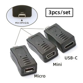 cablecc 3pccs Mini 8P to USB-C Micro Mini USB Female Power Data Adapter for Camera