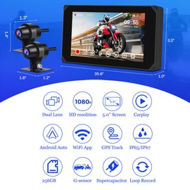 VSYSTO Motorcycle Dash Cam Front & Rear 1080P Cameras with 5.0" Wirelss CarPlay/Android Auto Waterproof Touch Screen, Supports GPS Navigation and Wi-Fi App