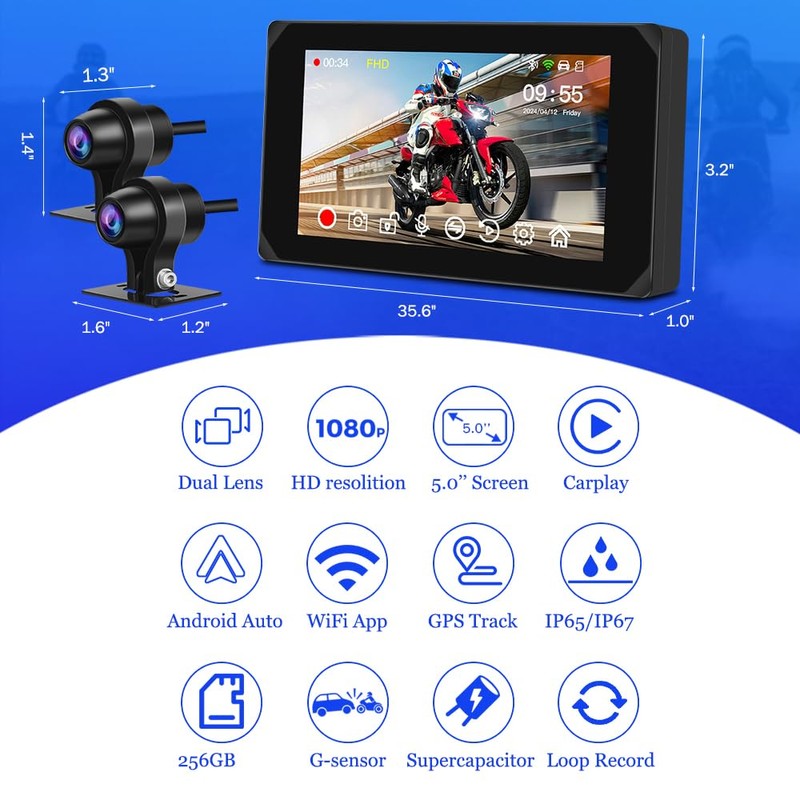 VSYSTO Motorcycle Dash Cam Front & Rear 1080P Cameras with