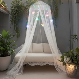 White Bed Canopy, Large for Queen/King Bed Mosquito Net Bed Canopy Netting Mesh Net Mosquito Netting Hanging Canopy White Bed Canopy w/Drop Rainbow Butterfly Light
