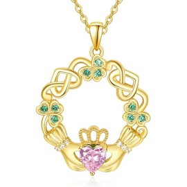 Dreamboat Sterling Silver Claddagh Necklace for Women Celtic Knot Irish Necklace Clover Shamrock Necklaces Gold Pink Tourmaline October Birthstone Necklace Luck ST Patricks Day Jewelry Gift for Mom