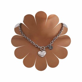 Sttiafay Vintage Heart Toggle Necklace Choker Silver Heart Pendant Necklace Love Heart Toggle Clasp Necklace Disc Thick Chain Necklace Jewelry for Women