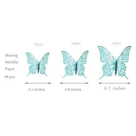 3D Teal Blue Butterfly Wall Sticker kit Metallic Paper Wall Decal Removable Mural Sticker Home Living Room Bedroom Butterflies Theme Decorations Table Cake Decor for Wedding Engegement Birthday Baby Shower