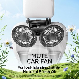 Dual Head USB Car Fan for Backseat, 360° Rotatable Car Seat Fan with 3 Speeds, Independent Control, Brushless Motor, 5V USB Powered Car Cooling Fan for Kids, SUV, Truck, RV