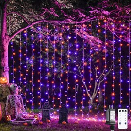 JMEXSUSS - Cortina de luces LED de Halloween con mando a distancia, 10 x 10 pies, color naranja y morado para ventana, luces de Halloween para recámara, pared, telón de fondo de fiesta, decoración de