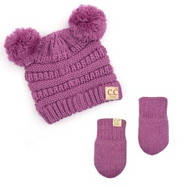 Funky Junque Infant Double Pom Beanie and Mittens Set - Lavender