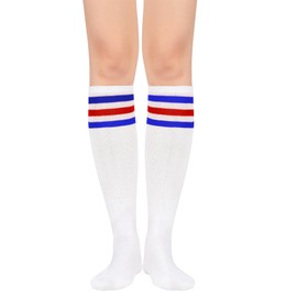 Century Star Knee High Socks Socks for Women Athletic Running Casual Long Tube Socks with Triple Stripes 1 Pack White Blue Red One Size