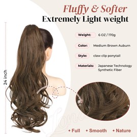 LONAI Claw Clip Ponytail Extension for Women 24 Inch Curly Wavy Ponytails Extensions Clip in Ponytail Hair Extensions Pony Tail Clip on Ponytails Hair Piece (Medium Brown Auburn)
