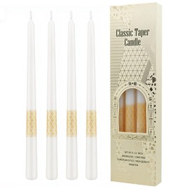 Classic Taper Candles Set of 4, 12 Inch Smokeless Long Taper Candles with Gold Accent, European Style Premium Paraffin Candles for Home Decor, Dinner Parties, Wedding