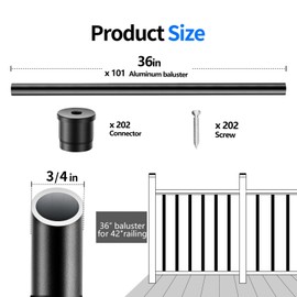 101 Pack Deck Balusters 36" x 3/4" Black Round Aluminum Balusters, Round Black Deck Railing Stair Porch Staircase Spindles Indoor Outdoor Balusters for Deck Railing Spindles with Balusters Conectors