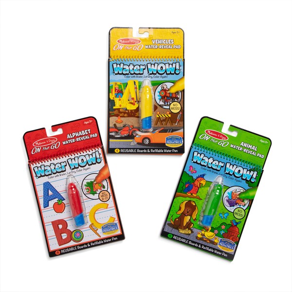 Melissa & Doug On the Go Water Wow! Reusable Water-Reveal Activity Pads, 3-pk, Vehicles, Animals, Alphabet - Travel Toys, Party Favors, Stocking Stuffers, Mess Free Coloring Books For Kids Ages 3+