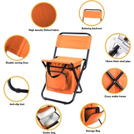 LEADALLWAY Fishing Chair with Cooler Bag Foldable Compact Fishing Stool,Orange