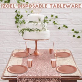 iZoeL 60 Party Cups 9 oz Rose Gold and 60 Straws Disposable Paper Dishes Disposable Cups Party Tableware Set for Children's Birthday Parties