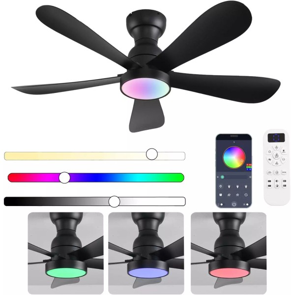 42 Inch Black Ceiling Fans with Lights and Remote/App Control,