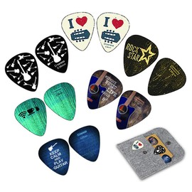 Creanoso Cool Guitar Picks (12-Pack) - FREE Felt Picks Purse - Celluloid - Assorted Unique Design - for Electric Guitar, Acoustic Guitar, Mandolin, and Bass (Cool 12 Pack (3 Sizes, H M L))