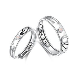 HOOHWE Promise Rings for Couples Sterling Silver Matching Rings for Women Valentines Day Gifts for her him Adjustable Opal Star and Moon Rings Carved I LOVE YOU Couples Jewelry Gift for Men Women