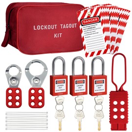 TAEGIQI Lockout Tagout Kit -Steel and Nylon Loto Hasps,Lockout Tagout Tags,Nylon Ties,Nylon Storage Bag,Red Safety Padlock,OSHA Compliant Lock Out Tag Out Locks (Red Kit)