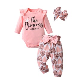 Joureker Newborn Baby Girl Clothes Ruffle Letter Print + Bow Pants 3Pcs Outfit Set, Pink, 6-9 Months