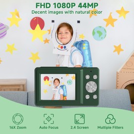 Digital Camera, Camera for Kids, FHD 1080P Point and Shoot Digital Cameras with 16X Zoom, Face Detect, Smile Capture, Anti Shake, for Boys Girls Teens Gifts (Deep Green)