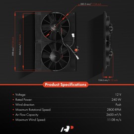 A-Premium 11'' 11 inch Dual Slim Fan Push Universal Electric Radiator Cooling Fan, 12V 240W, 2600 m³/h, Without Mount Kit