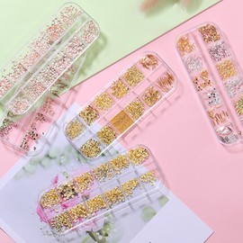 COOSLIM 12 Shapes Holographic Nail Glitters 3D Nail Art Metal Decals Gold Nail Art Supplies Nail Art Decorations Kit Shell Seahorse Leaf Starfish Nail Charms for Acrylic Nails Designs A