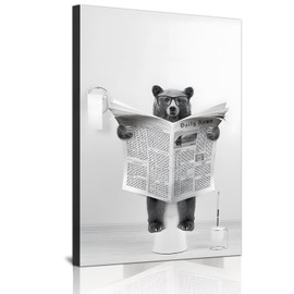 Cute Newspaper Animal Wall Art Black and White Canvas Printed Cabin Bathroom Decoration Bathtub Wall Picture, Frameless (Bear 2, 1 Pieces - 40 x 60 cm)