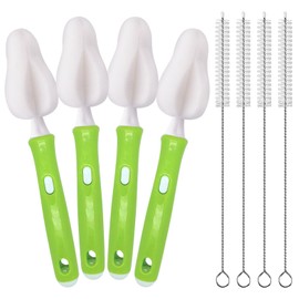 INVODA Nipple Brush 4PCS Sponge Bottle Brushes with 4 PCS Straw Brush Baby Bottle Nipple Cleaner Brush Long Handle Detachable Nipple Brushes (White)