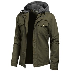Pursky Men's Casual Plus Size Jackets Outerwear Coats Washed Cotton Multiple Pockets Hooded Military Jacket Army Green 4XL