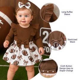 Baby Girl Clothes Newborn Romper Dress Football Ruffle Long Sleeve Bodysuit Infant Fall Winter Outfit With Headband 12-18Months