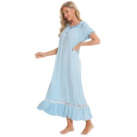 Women Vintage Nightdresses Short Sleeve Lace Nightgown Long Sleep Dress Modal Nightie Lounge Dresses