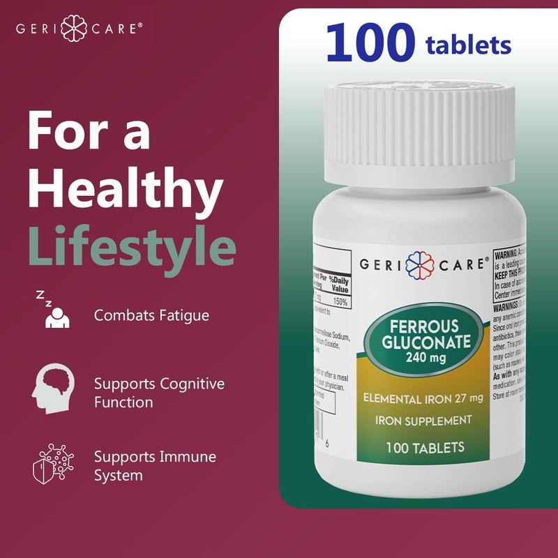 Gericare Iron 27mg Ferrous Gluconate 240mg, Iron & Energy Suplement,
