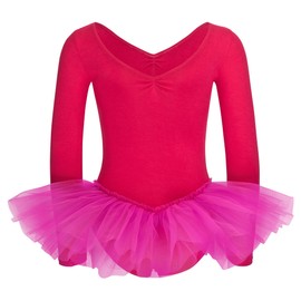 tanzmuster ® Romy Ballet Tutu Girls' Long-Sleeved Cotton Ballet Bodysuit Pink Size 116/122, Raspberry Pink
