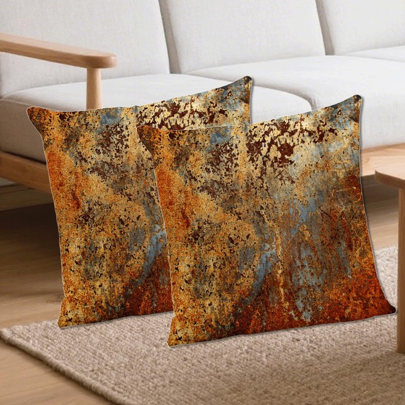 Set of 2 Double Sided Gold Brown Rust Metal Cushion