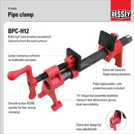 BESSEY BPC-H12, 1/2 In. H Style Pipe Clamps - Incredibly Versatile, Easy To Assemble, Indespensable Workshop Clamp For Woodworking, Carpentry, Home Improvement, and DIY Projects