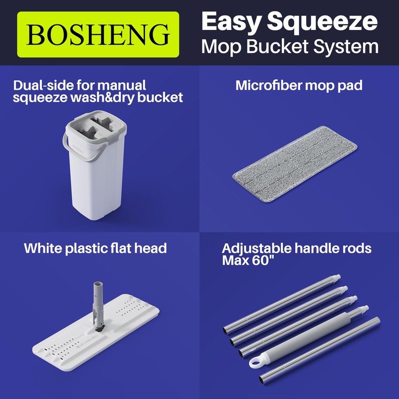 BOSHENG Mop and Bucket Set, Flat Mops for Floor Cleaning,