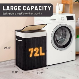 Aliphon 72L Slim Laundry Hamper with Lid, Foldable Bamboo Clothes Laundry Basket with Handles, Removable and Machine Washable Liner, for Bedroom, Bathroom, Dorm, Ink Black