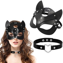 KUMSODE Catwoman Mask and Choker Set, Cat Mask, Leather Mask, Cat Mask, Women's Black Masquerade Mask, Half Face Mask for Halloween, Cosplay