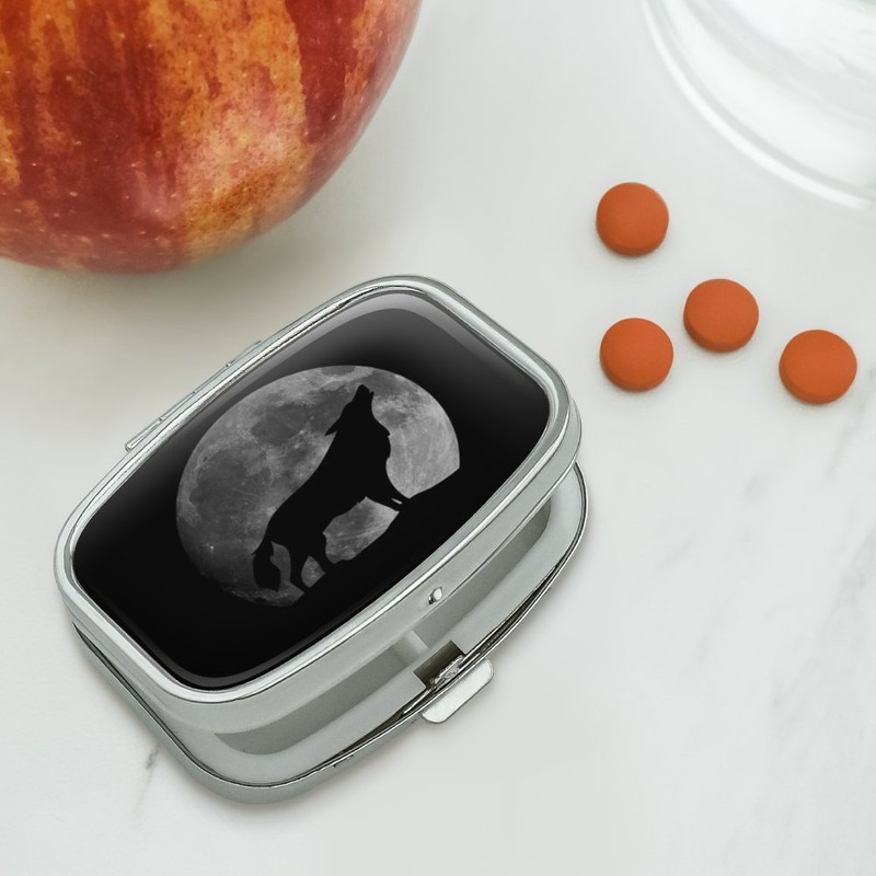 Wolf Howling Moon Silhouette Rectangle Pill Case Trinket Gift Box