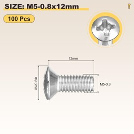 METALLIXITY Phillips Cross Recessed Countersunk Head Screws Bolts (M5-0.8x12) 100Pcs, 304 Stainless Steel Flat Head Woodworking Machine Screws - for Furniture Assembly DIY Projects, Silver