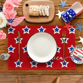 Artoid Mode America Stars Block Patriotic 4th of July Placemats Set of 4, 12x18 Inch Memorial Day Holiday Table Mats for Party Kitchen Dining Decoration