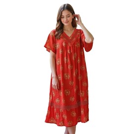 Women's Short Sleeve Orange-Red Starburst Gauze Lounger House Dress - Crochet V Neck and Pockets XL