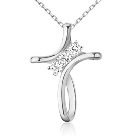 OKISIL Cross Necklace for Women, 925 Sterling Silver 18K Gold Plated Diamond Necklace for Women, Cross Pendant with 3 Stone 5A Cubic Zirconia, Birthday Christmas Jewelry Gifts for Women Her, 20 Inches (White gold)