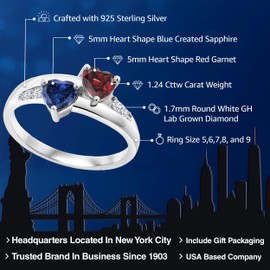 Gem Stone King 925 Sterling Silver Red Garnet and Blue Created Sapphire and Lab Grown Diamond Women Engagement Ring (1.24 Cttw. Heart Shape 5MM, Available in size 5, 6, 7, 8, 9)