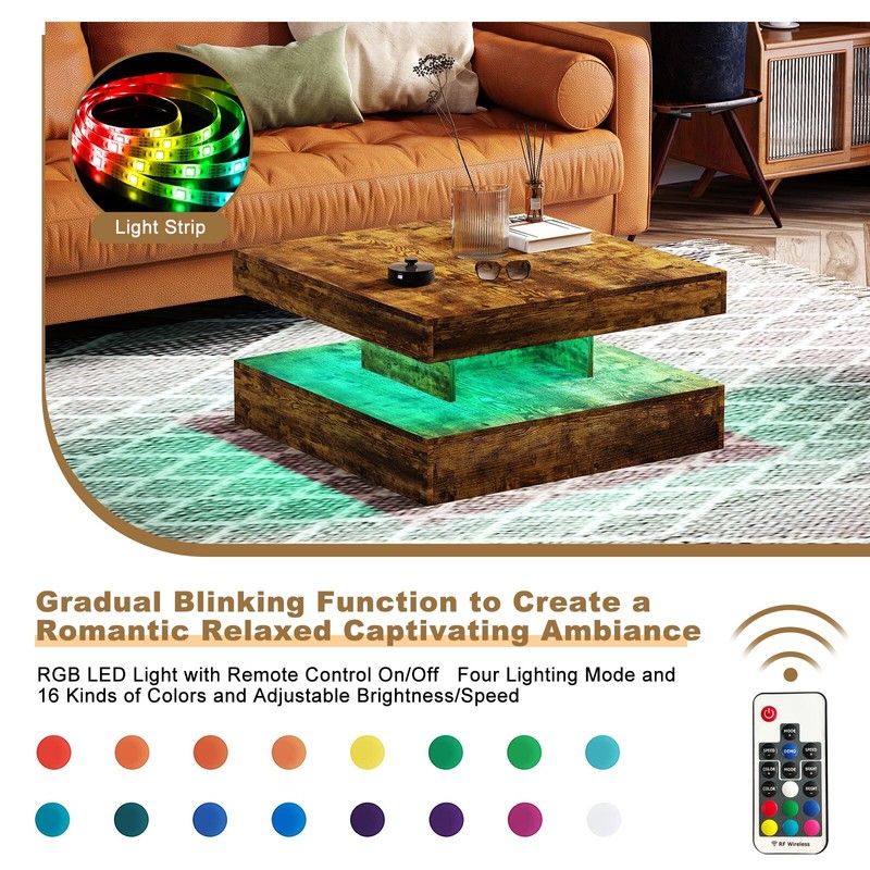 Square Coffee Table with LED Wood Low Coffee Table for