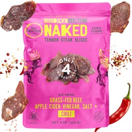 Brooklyn Biltong Air Dried Grass Fed Beef Snack, South African Beef Jerky (8 oz, Pack of 1) - Whole30 Approved, Paleo, Keto, Gluten Free, Sugar Free, Made in USA - (Naked Chili)