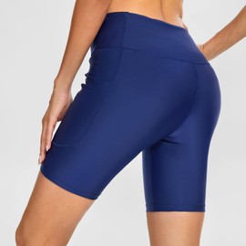 Cagola - Pantalones cortos de natación para mujer, con control de abdomen, pantalones cortos de baño con cintura alta cruzada, pantalones cortos de baño, Azul marino, 3X-Large