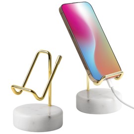 TransMarble Marble Phone Stand with Metal Holder, Charging Available While Using, Swipe Up to Unlock, Made of Natural Marble as Business Card Holder for Office Desk (Starry White + Gold)