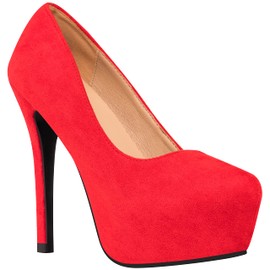 ILLUDE Women's High Heel Pump Closed Toe Platform Heels Pumps Shoes - Swan (6, Red Suede)
